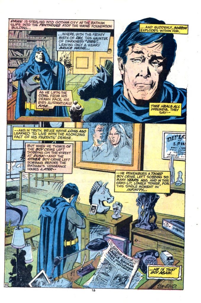 A page from the comic book issue Detective Comics #439 that shows a diploma from Law School framed and hung on the wall of Bruce Wayne's office