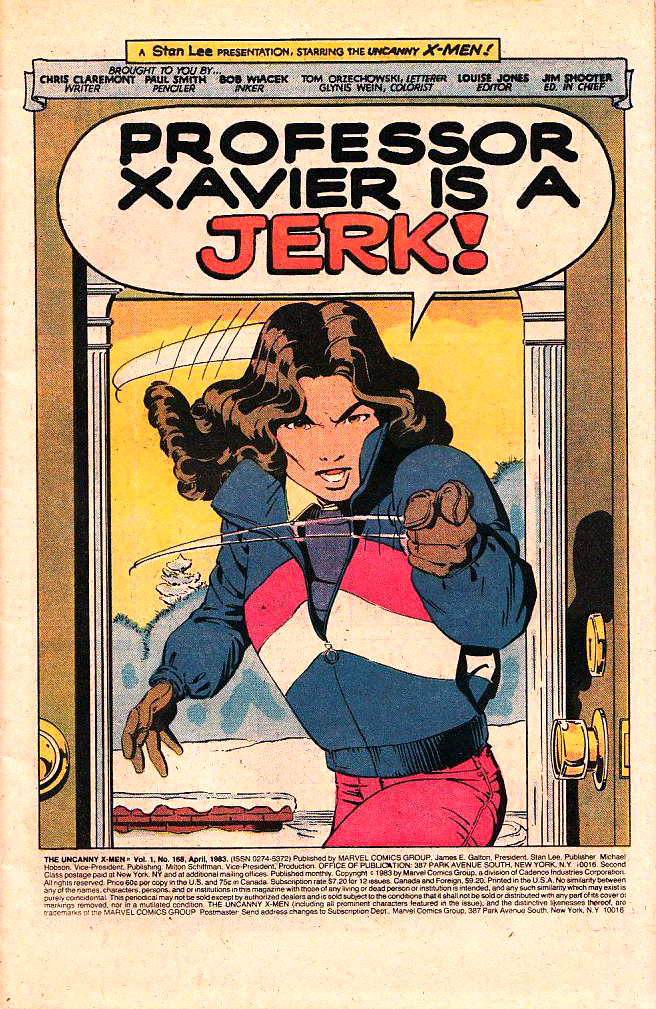 the opening splash page of Uncanny X-Men #168. Kitty Pryde is bursting through a door into the mansion and yelling, "Professor Xavier is a Jerk!"