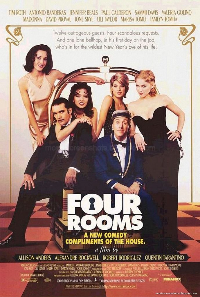 Advertisement poster for the 1995 film Four Rooms, directed by Allison Anders, Alexandre Rockwell, Robert Rodriguez, and Quentin Tarantino. Staring Time Roth, Antonio Banderas, Jennifer Beals, and Madonna