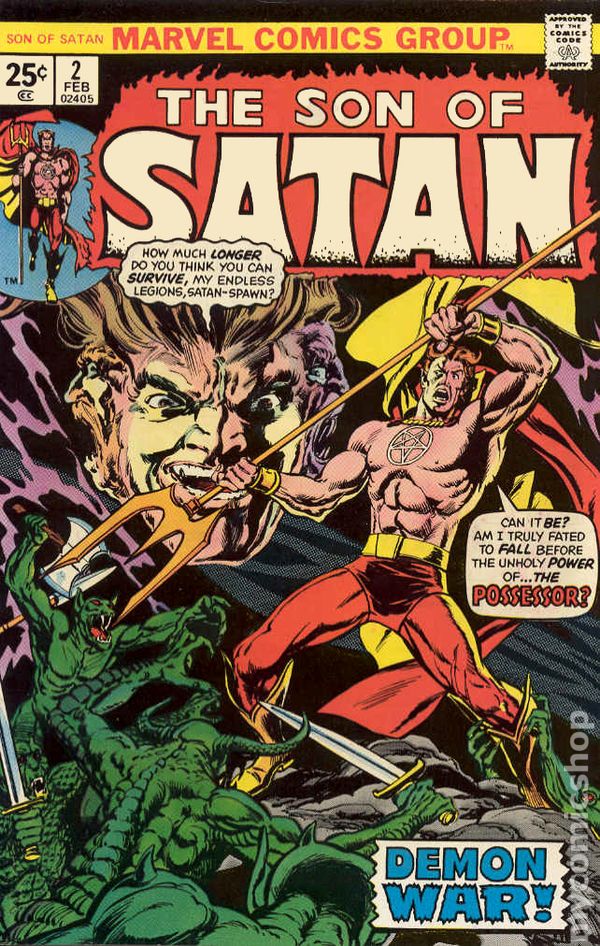 The cover for Marvel Comics' Son of Satan #2, which features the character Daimon Helstrom holding a trident and fighting demons. 