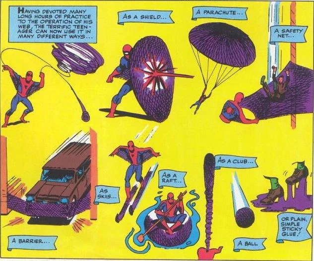 Infographic showing Spider-Man using his webs in various different ways. As a shield. A parachute. A Safety Net. A barrier. As Skis. As a raft. As a club. A ball. Or plain, simple sticky glue.
