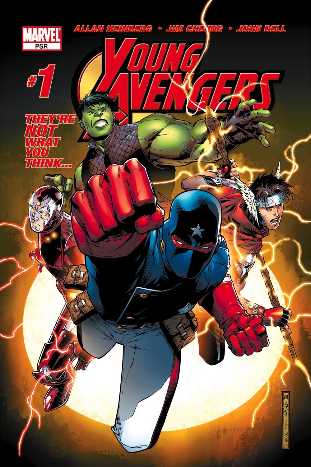 Cover image of Young Avengers #1 comic book issue. It shows the characters Patriot, Iron Lad, Wiccan, and Hulkling.