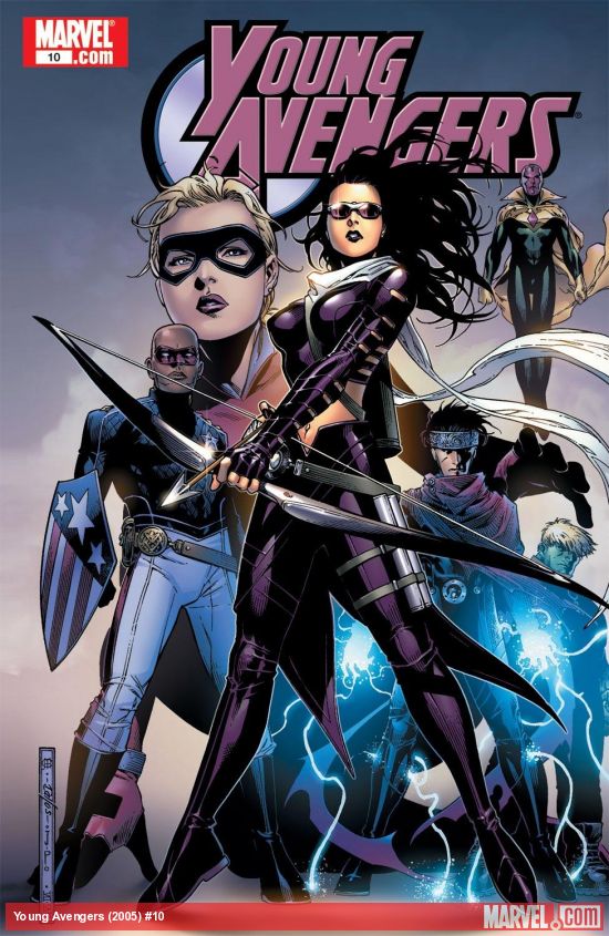 Cover image of Young Avengers #10 comic book issue. It shows the characters Kate Bishop, Patriot, Wiccan, Stature, Hulkling, and Vision