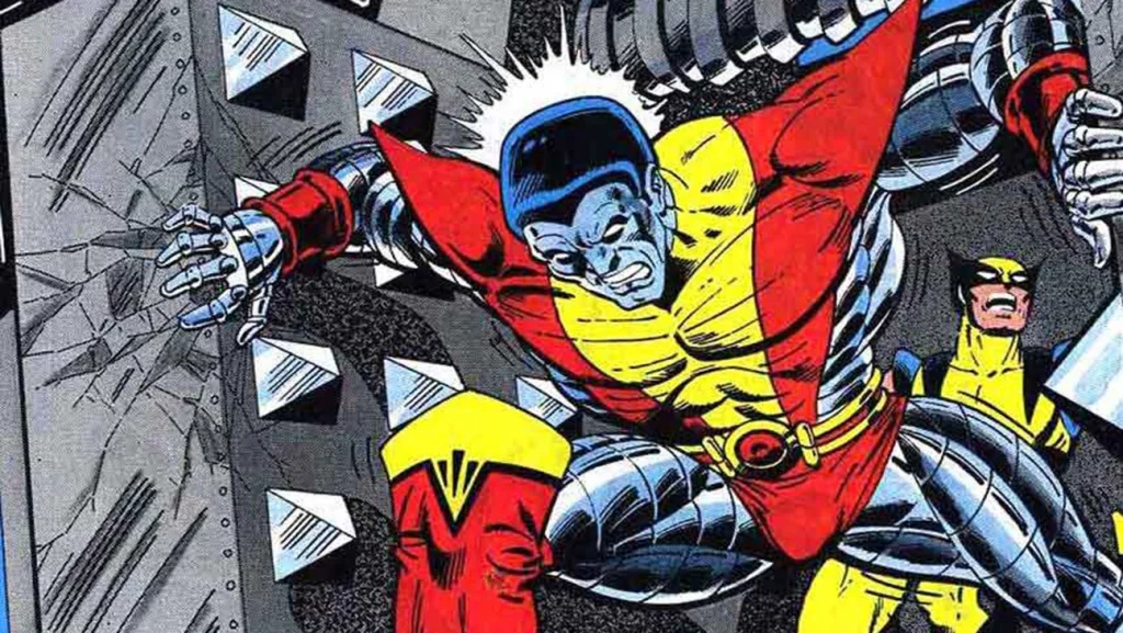 Colossus of the X-men is using all of his strength to push apart two spiked metal walls that closing in to crush him and Wolverine, who is standing behind him.