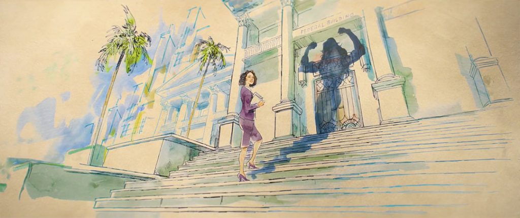 End Credit illustrations from She-Hulk on Disney Plus. A series that was release in 2022 of Marvel Universe Phase 4. It shows Jennifer Walters waking up the steps to a courthouse building and the shadow she is casting is in the shape of She-Hulk