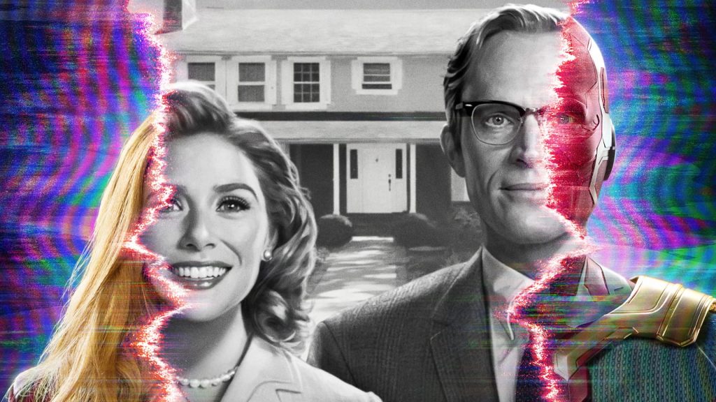WandaVision teaser image that shows a old-fashioned photo Wanda and Vision in front of a house in the 1950s. The first project in Marvel Cinematic Universe: Phase 4