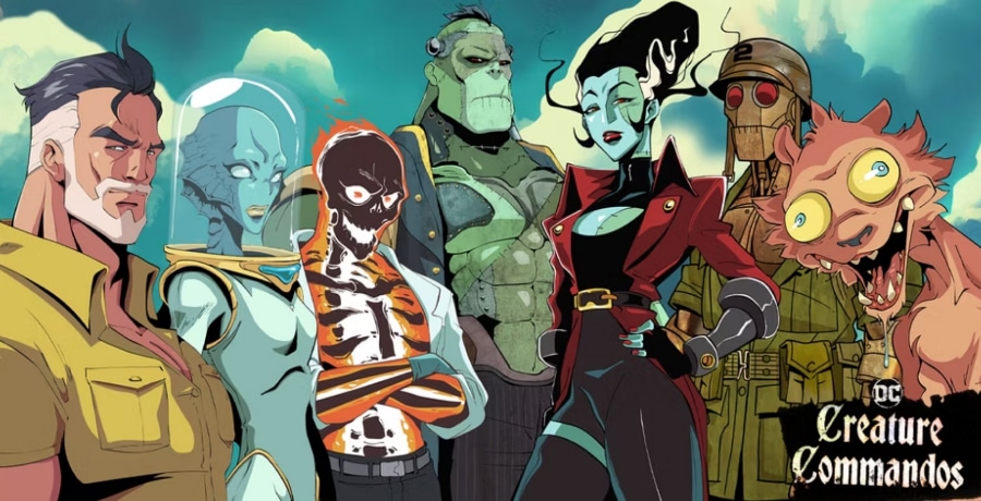 First released teaser image for DC Creature Commandos. The first new animated project in James Gunn's New DCU. It shows Rick Flagg Senior, a fish woman, a man who is on fire and you can see his bones, Frankenstien monster, Bride of Frankenstien, G I Robot, who is a rusty robot soldier, and Weasel, who is a half-man half-weasel sort of creature.