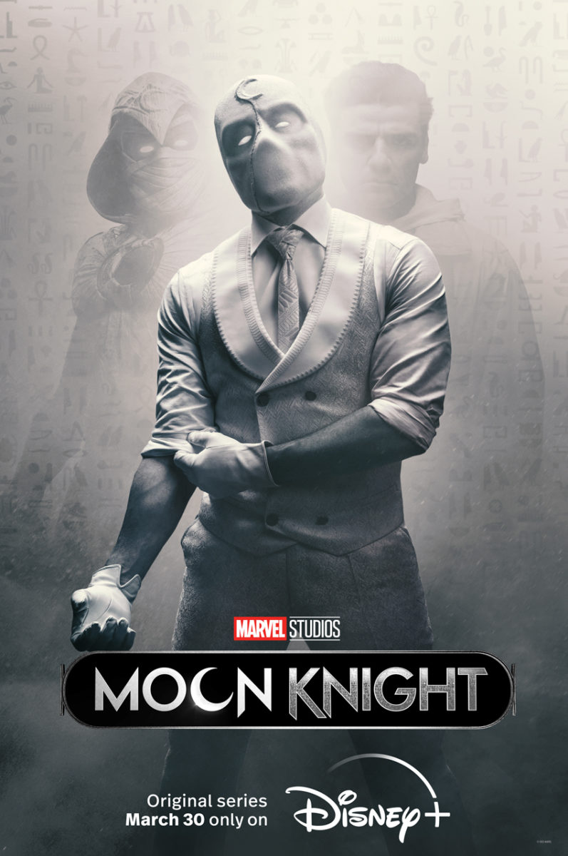 Promotion Poster for Moon Knight on Disney Plus. A series that was the first release in 2022 of Marvel Universe Phase 4. It shows Mr. Knight rolling up his sleeve.