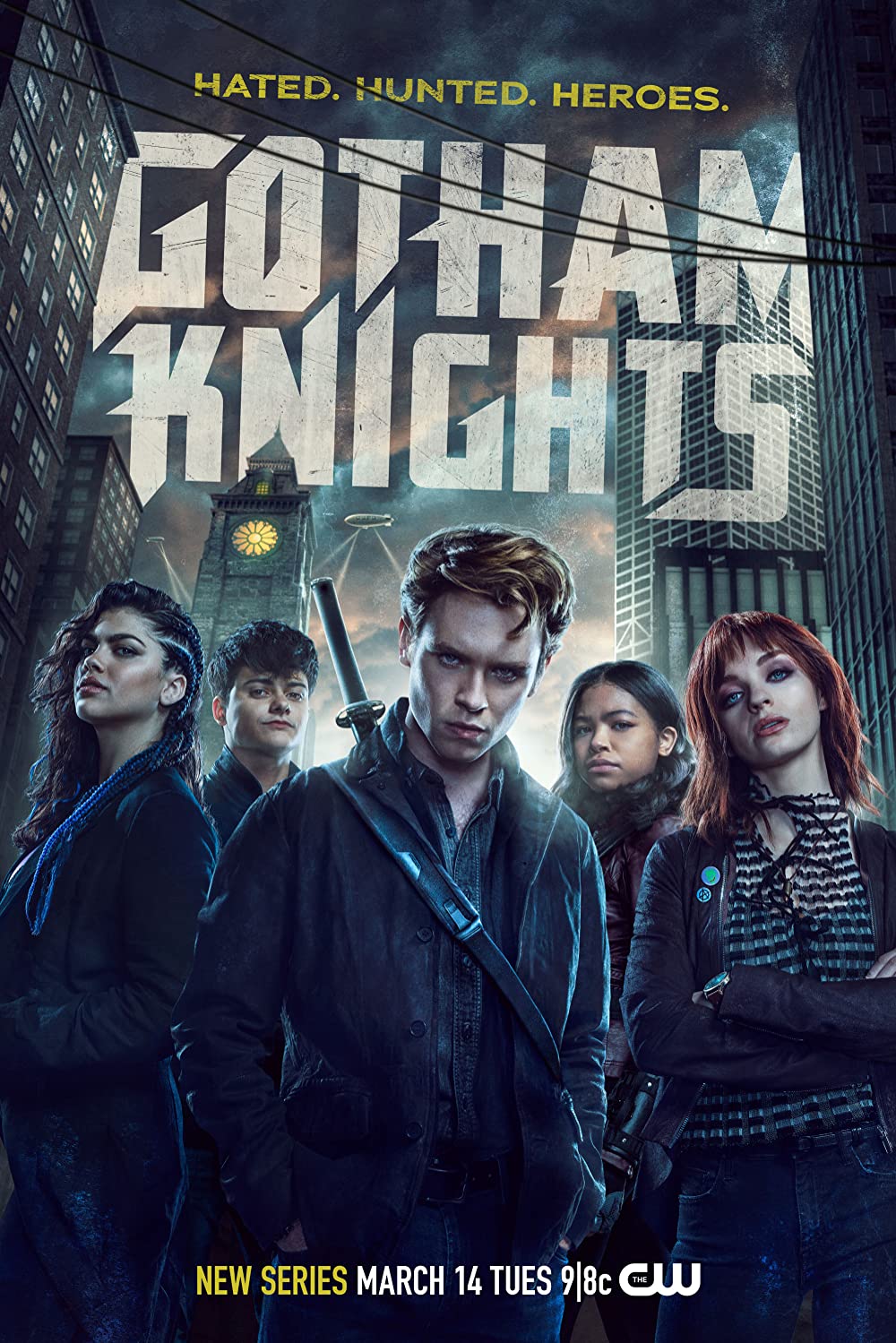 Poster for Gotham Knights on the CW network starting March 14th 2023. Above the Gotham Knights logo it says "Hated. Hunted. Heroes." And the poster shows Harper Row, Cullen Row, Turner Hayes, Carrie Kelley, and Duella, staning in Gotham City