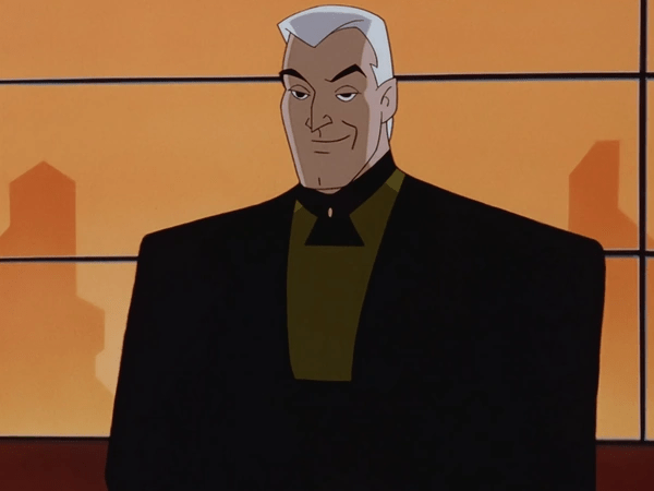 Image of Derrick Powers, He is a smug middle-ages mad in a futuristic business suit with short white hair. From Batman Beyond.