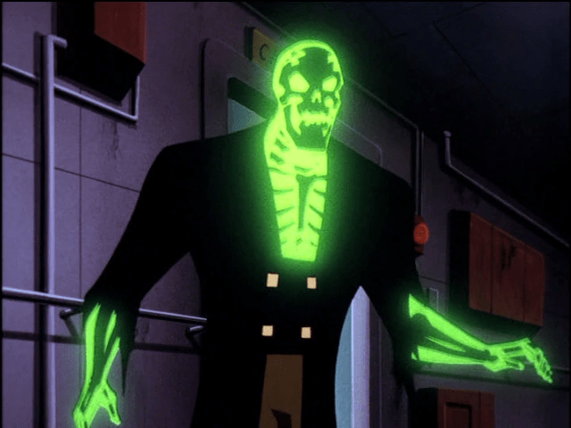 Derrick Powers in his alter-ego Blight, who appearance is a skeleton that is visible through radioactive glowing green flesh. From Batman Beyond